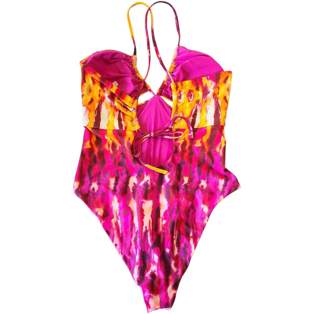 Anthropologie Maeve Ruched One Piece Swimsuit Multi Tie Dye Cutout Large L NWOT - Picture 5 of 11